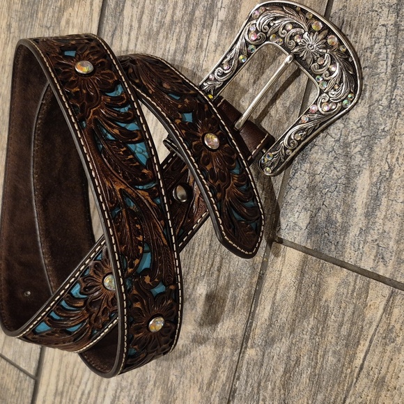 Ariat Womens Brown Teal Leather Belt Silver Buckle And Rhinestones Sz Large - Picture 2 of 4